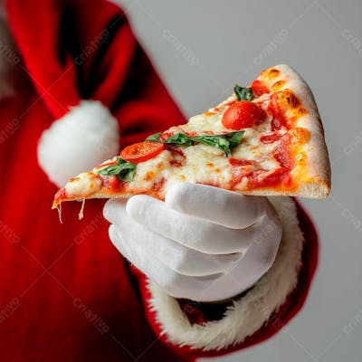 Papai Noel Segurando Uma Fatia De Pizza