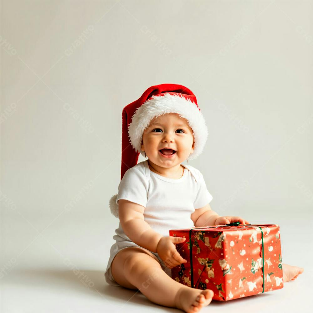 Bebê Com Roupa Branca E Chapéu De Natal, Sorrindo Com Um Presente