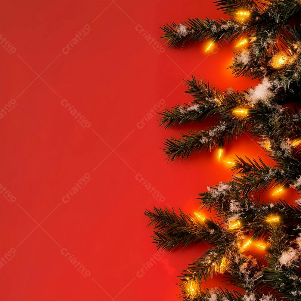 Guirlanda De Folhas De Pinheiro Com Luzes Em Um Fundo Vermelho