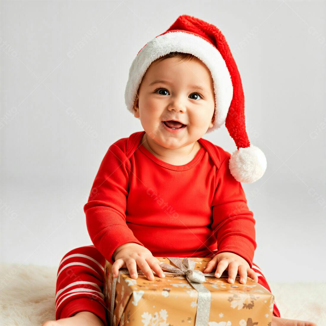 Bebê feliz com gorro de Natal e presente