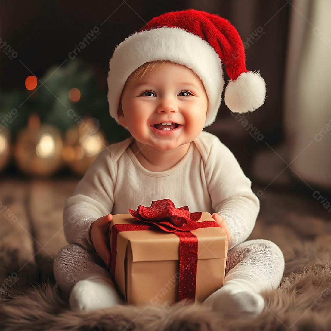 Bebê com gorro natalino segurando presente