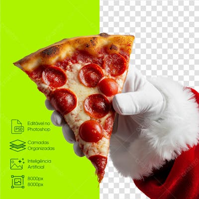 Close Up De Uma Fatia De Pizza Na Mão Do Papai Noel