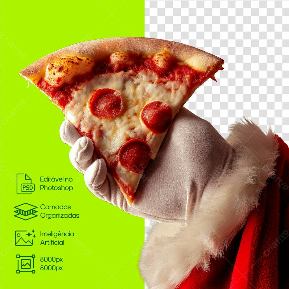 Papai Noel Segurando Uma Fatia De Pizza