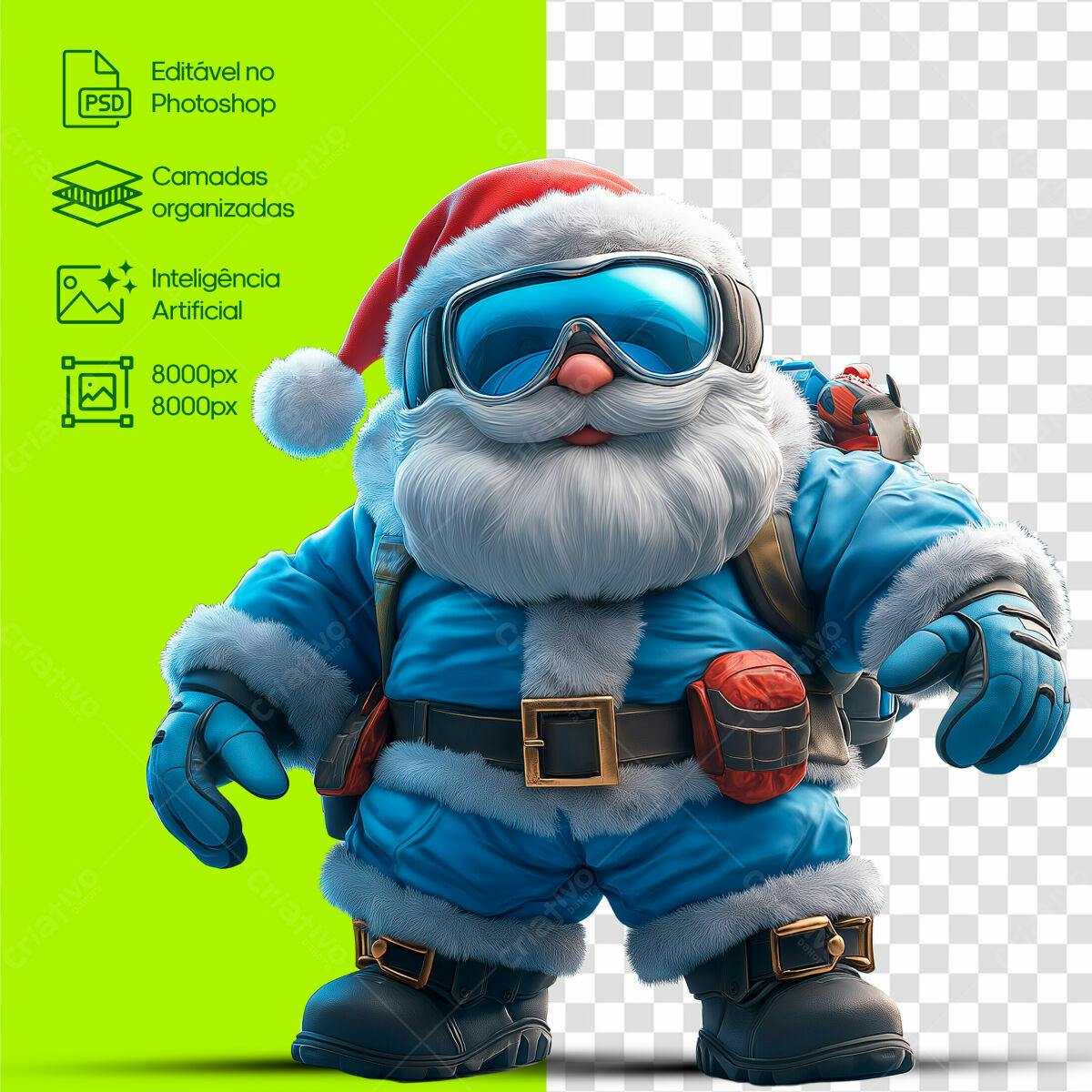 Personagem Papai Noel Aventura Azul PSD Editável