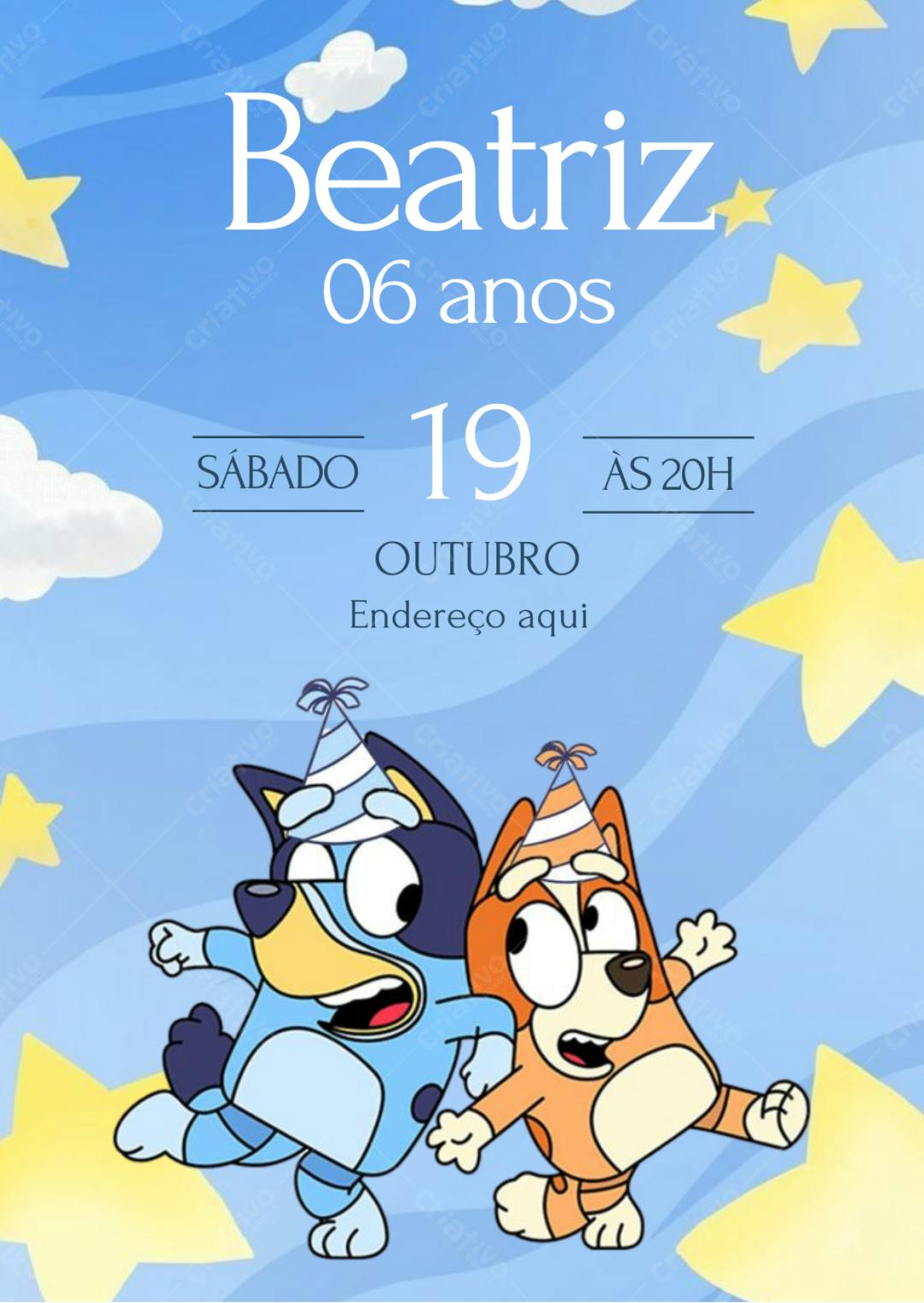Convite de Aniversário Infantil Bluey e Bingo Editável no Canva