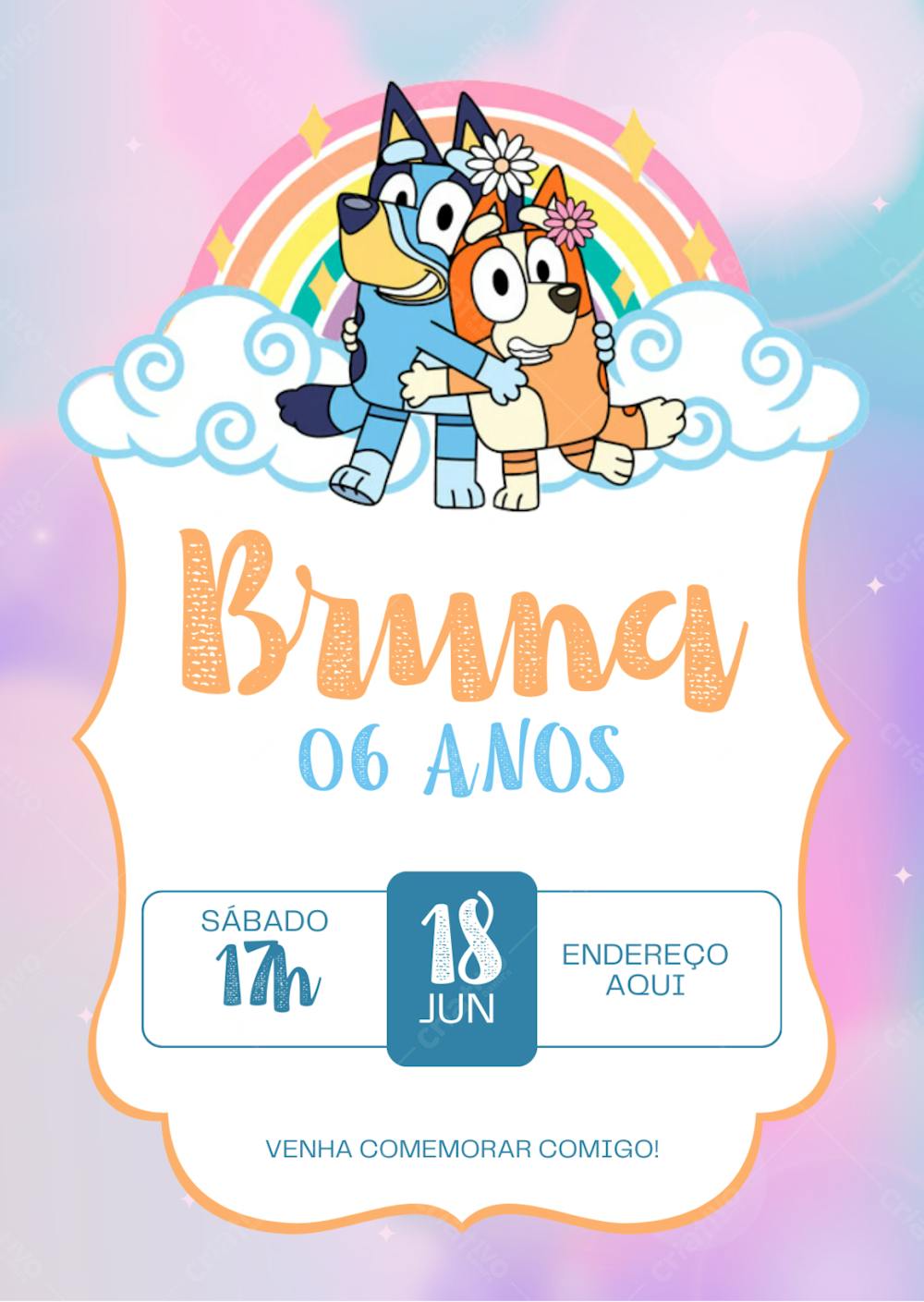 Convite Aniversário Bluey e Bingo Arco Íris Venha Comemorar 