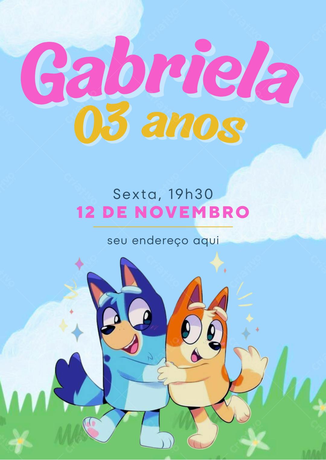 Convite de Aniversário Infantil Bluey e Bingo Editável no Canva