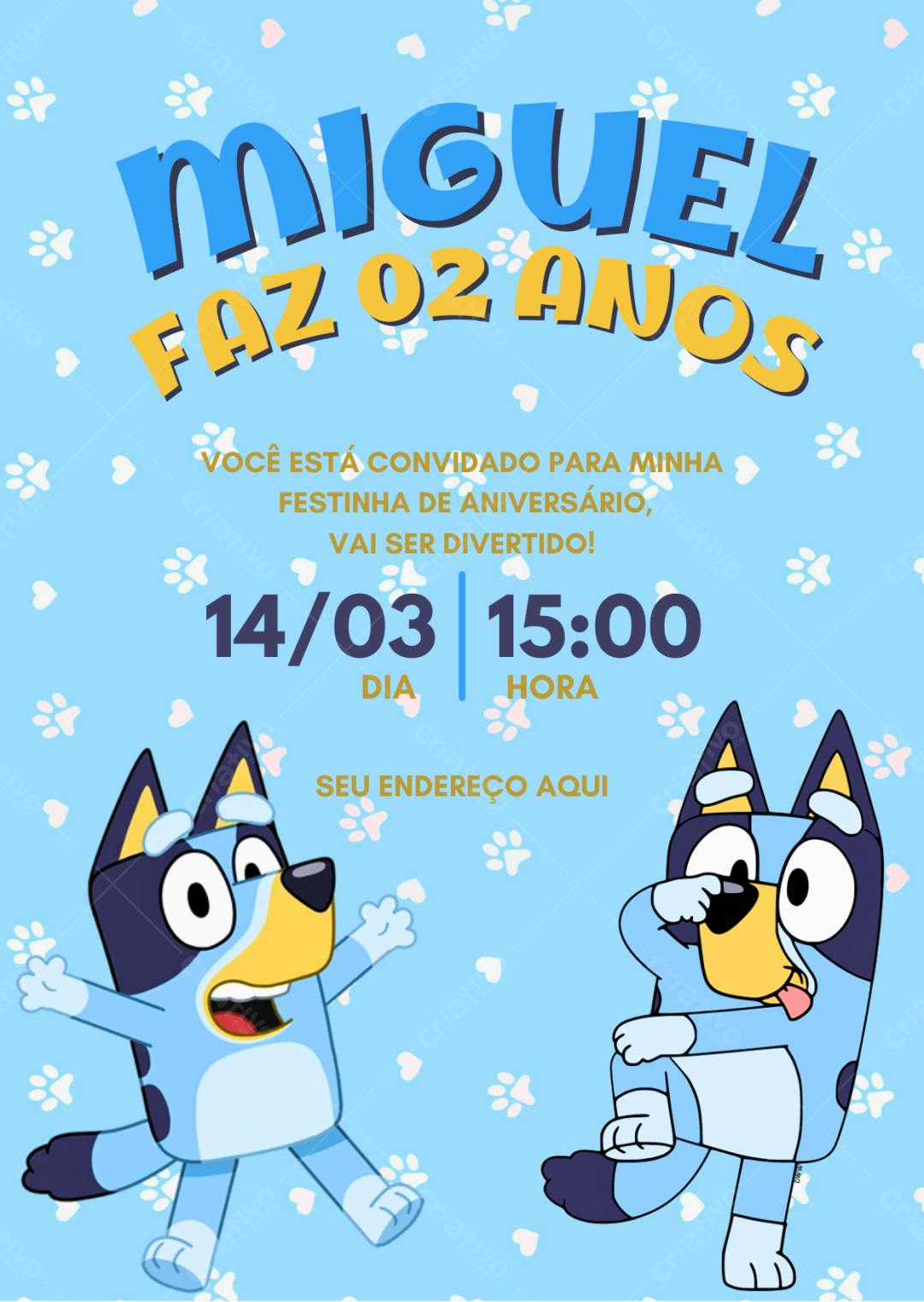 Convite de Aniversário Infantil Bluey Editável no Canva