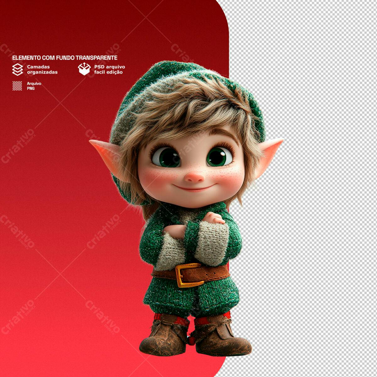 Elemento Natalino Duende Verde PSD Editável