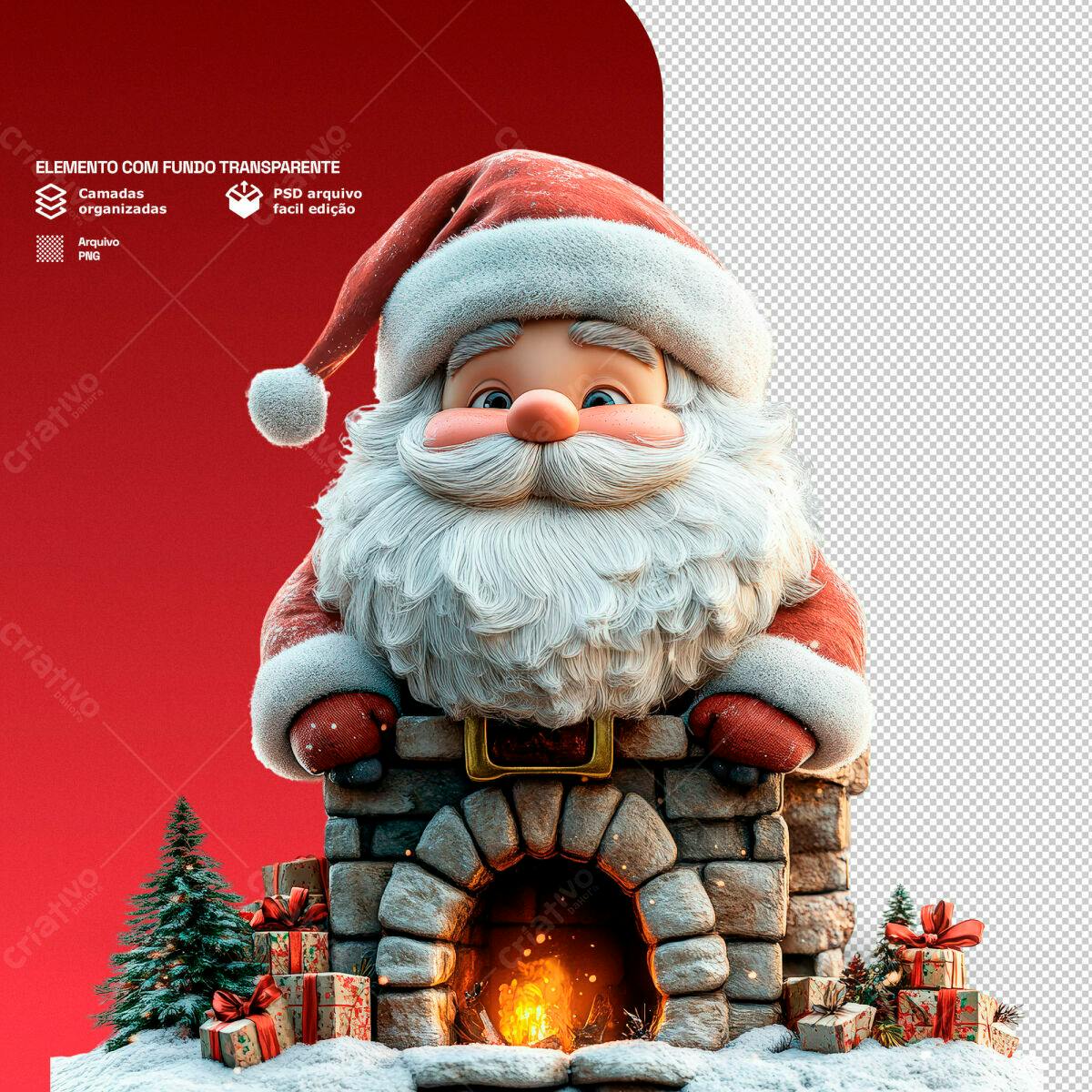 Elemento Natalino Papai Noel na Chaminé PSD Editável