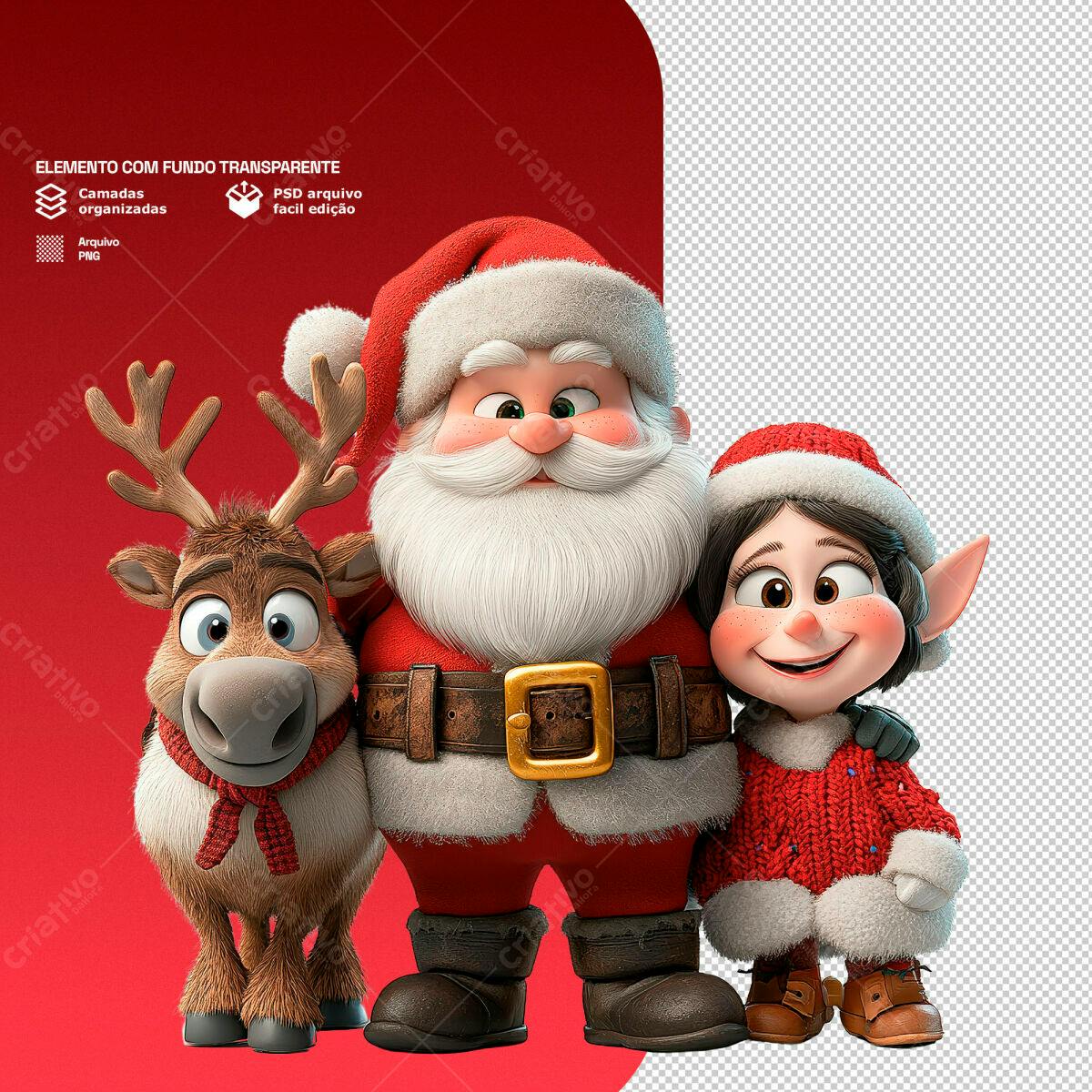 Personagem Natalino Papai Noel Rena e Elfa PSD Editável