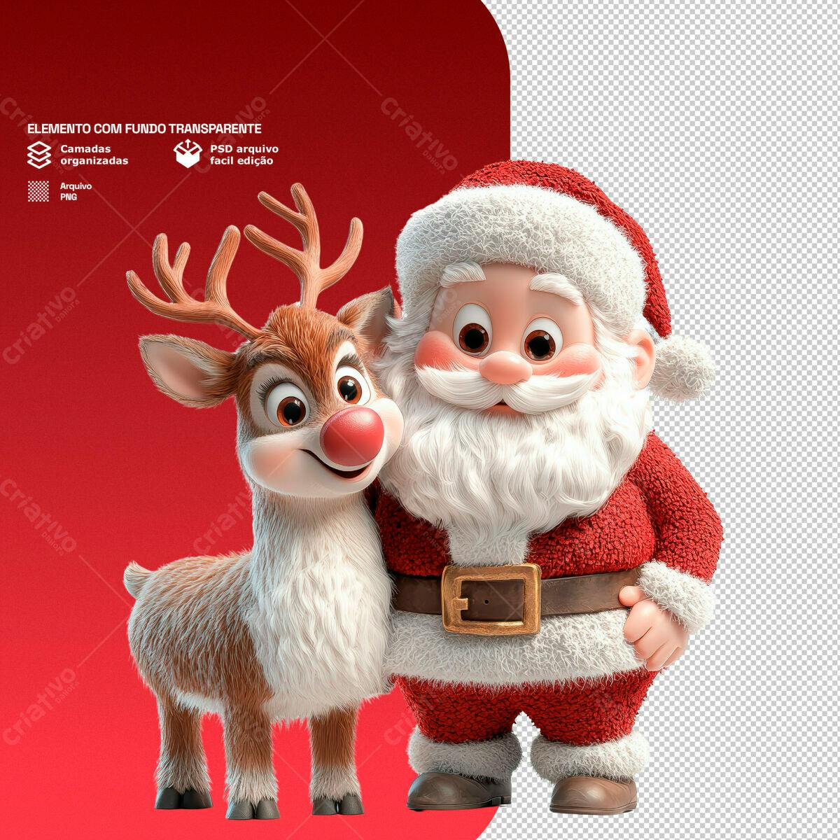 Elemento Natalino Papai Noel e Rena PSD Editável