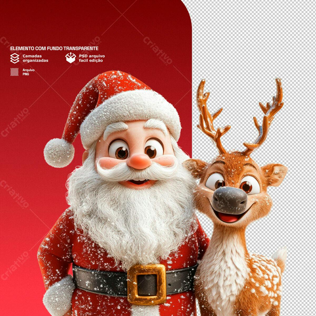 Elemento Natalino Papai Noel e Rena PSD Editável