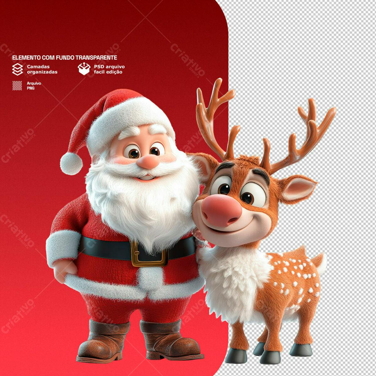 Elemento Natalino Papai Noel e Rena PSD Editável
