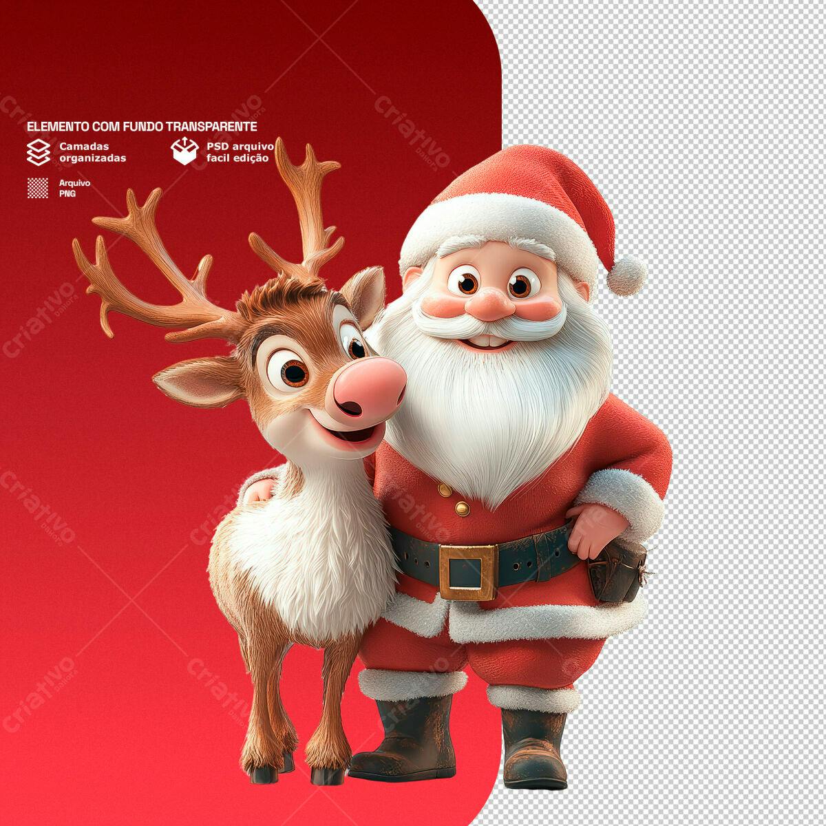 Personagem Natalino Papai Noel e Rena PSD Editável