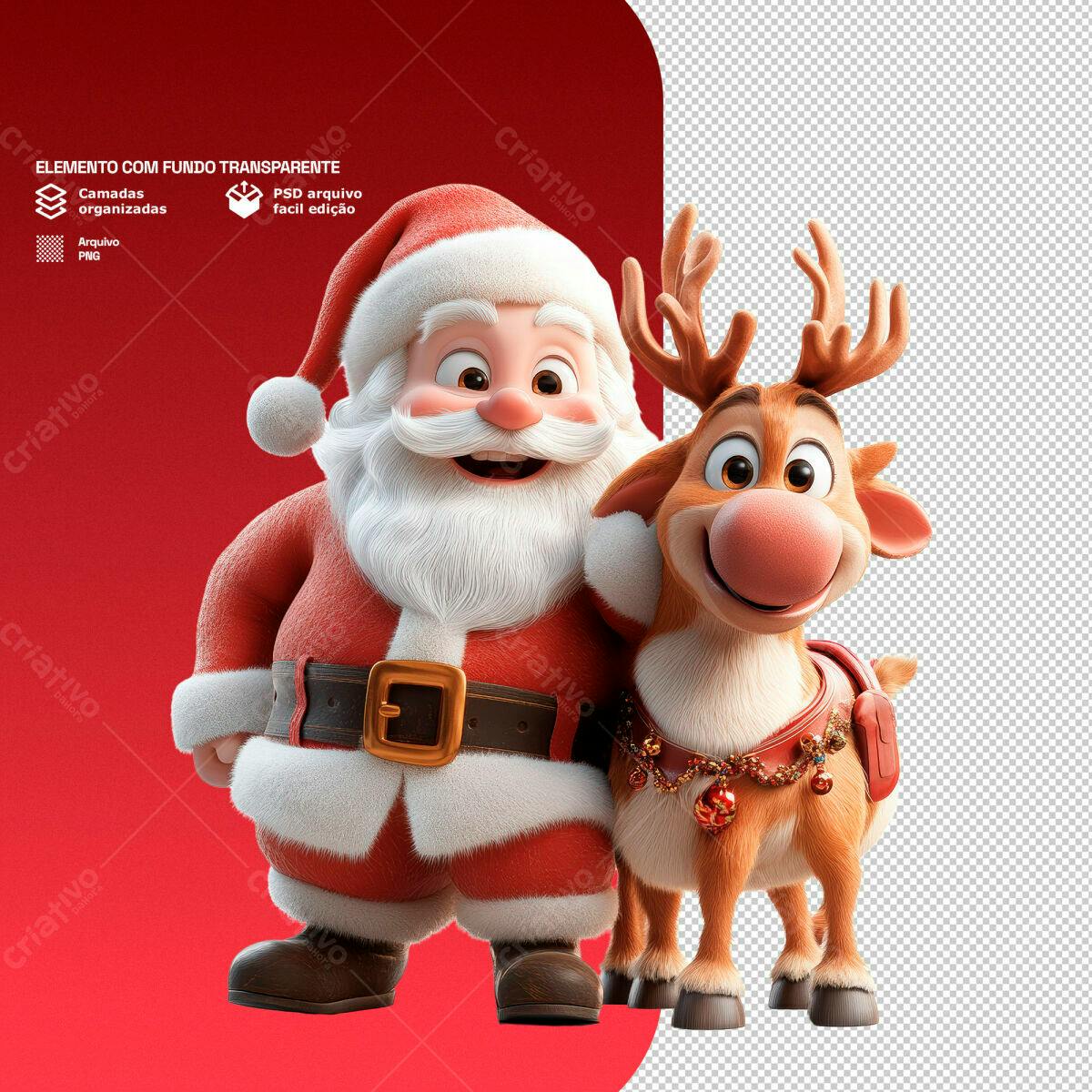 Elemento Natalino Papai Noel e Rena PSD Editável