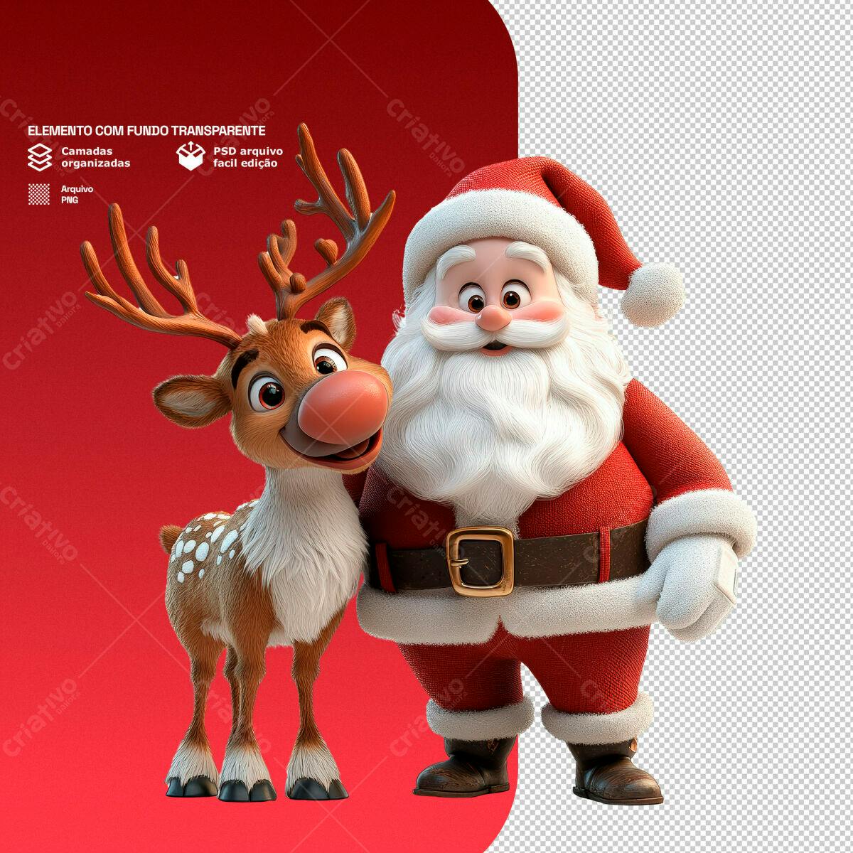 Ilustração Natalina Papai Noel e Rena PSD Editável