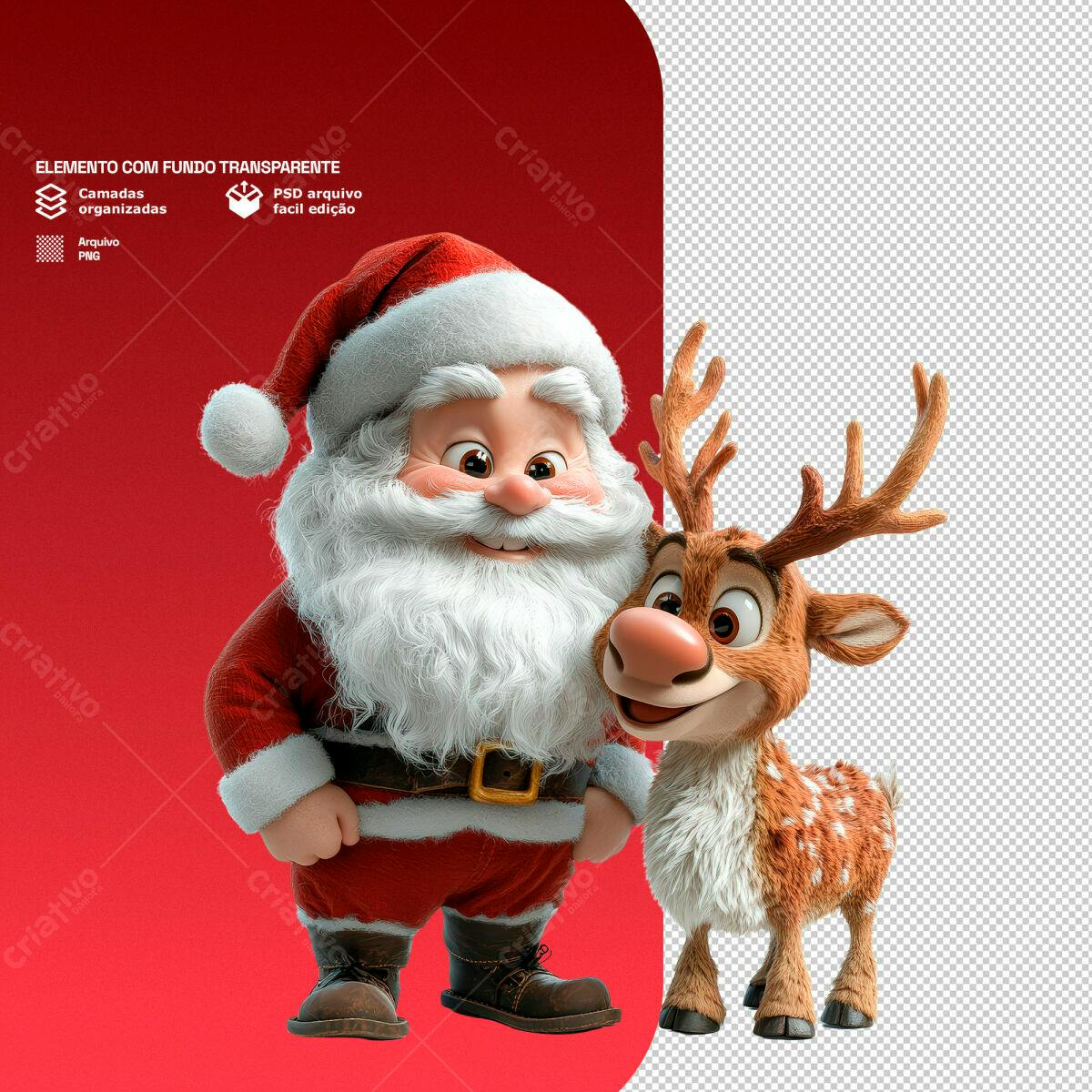 Personagem Natalino Papai Noel e Rena PSD Editável