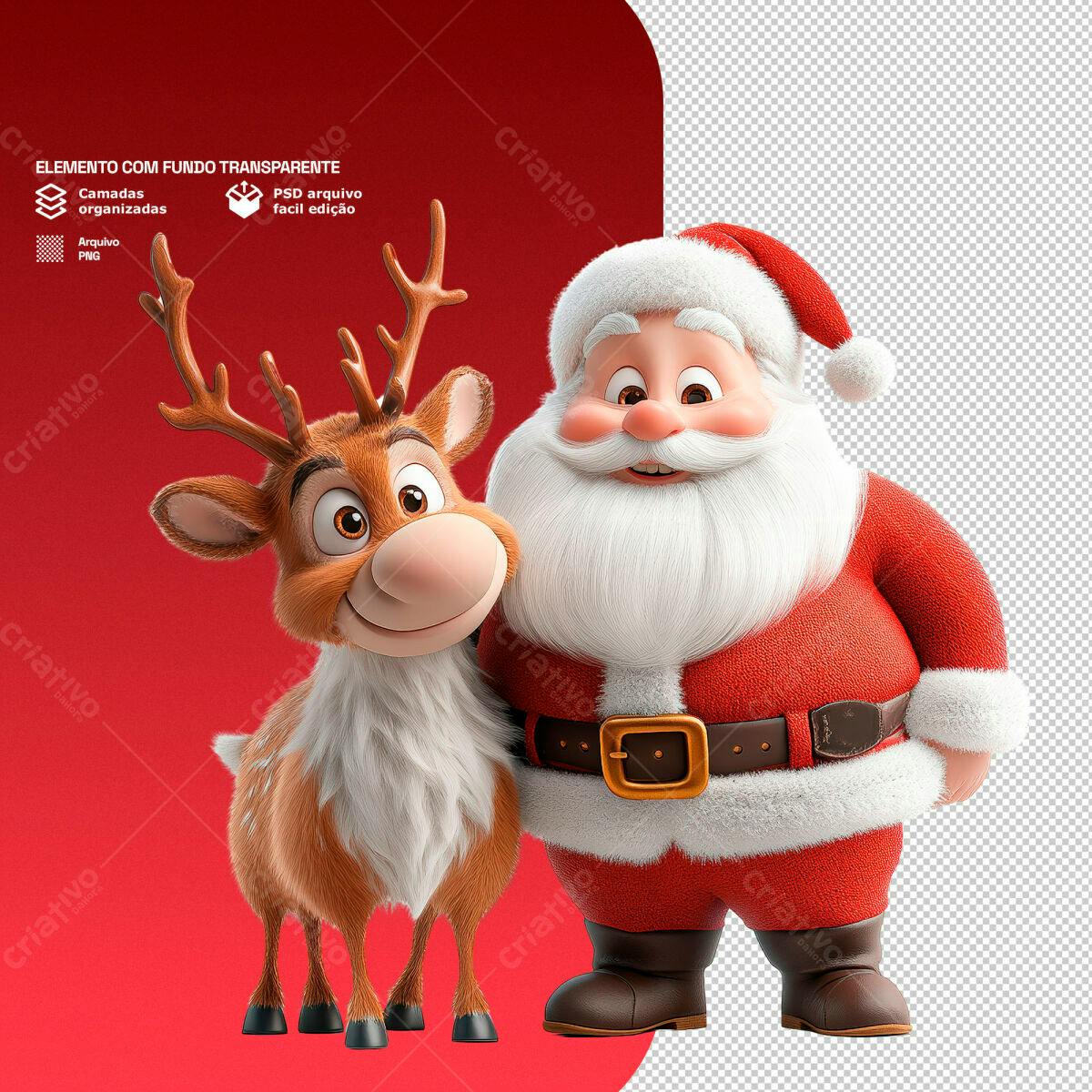 Personagem Natalino Papai Noel e Rena PSD Editável