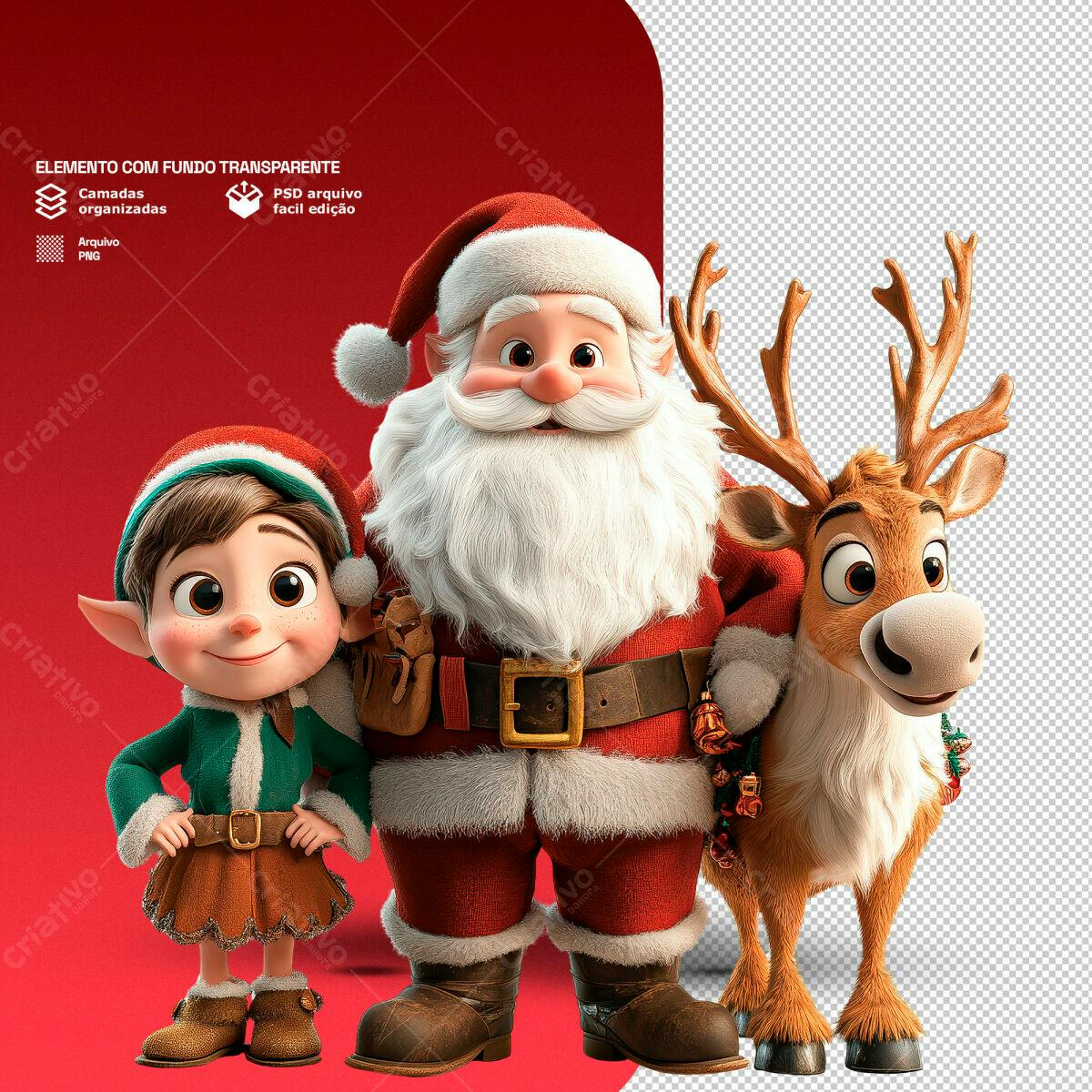 Personagem Natalino Papai Noel, Rena e Duende PSD Editável