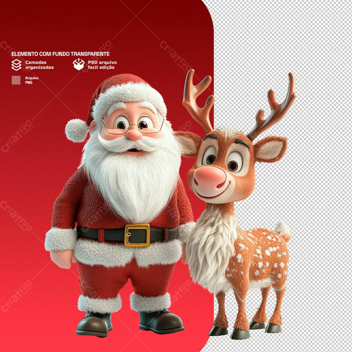 Personagem Natalino Papai Noel e Rena PSD Editável