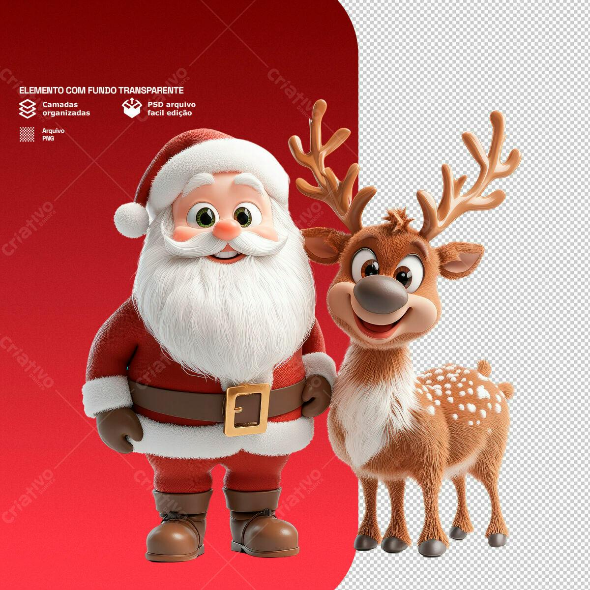 Elemento Natalino Papai Noel e Rena PSD Editável