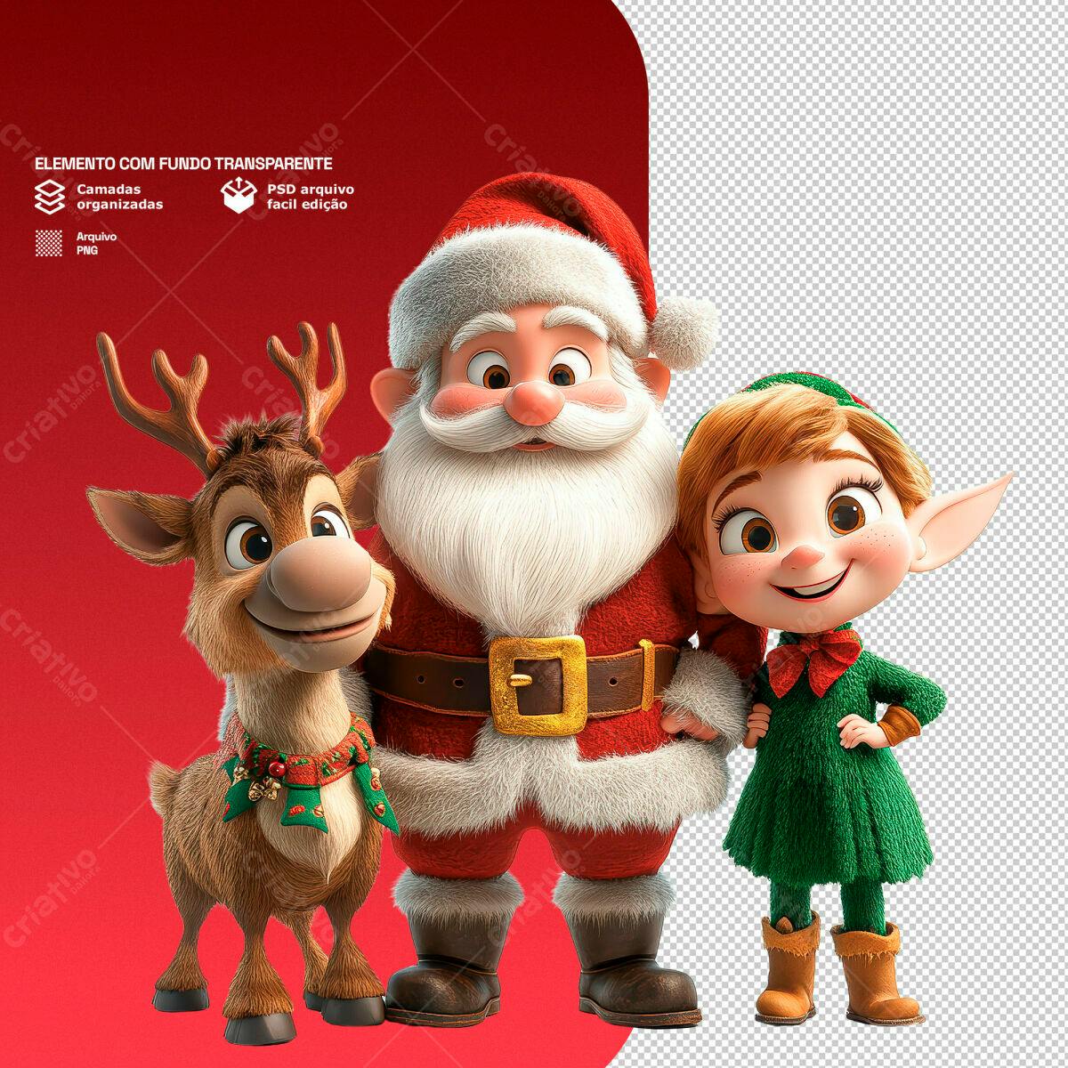 Personagem Natalino Papai Noel, Rena e Duende PSD Editável