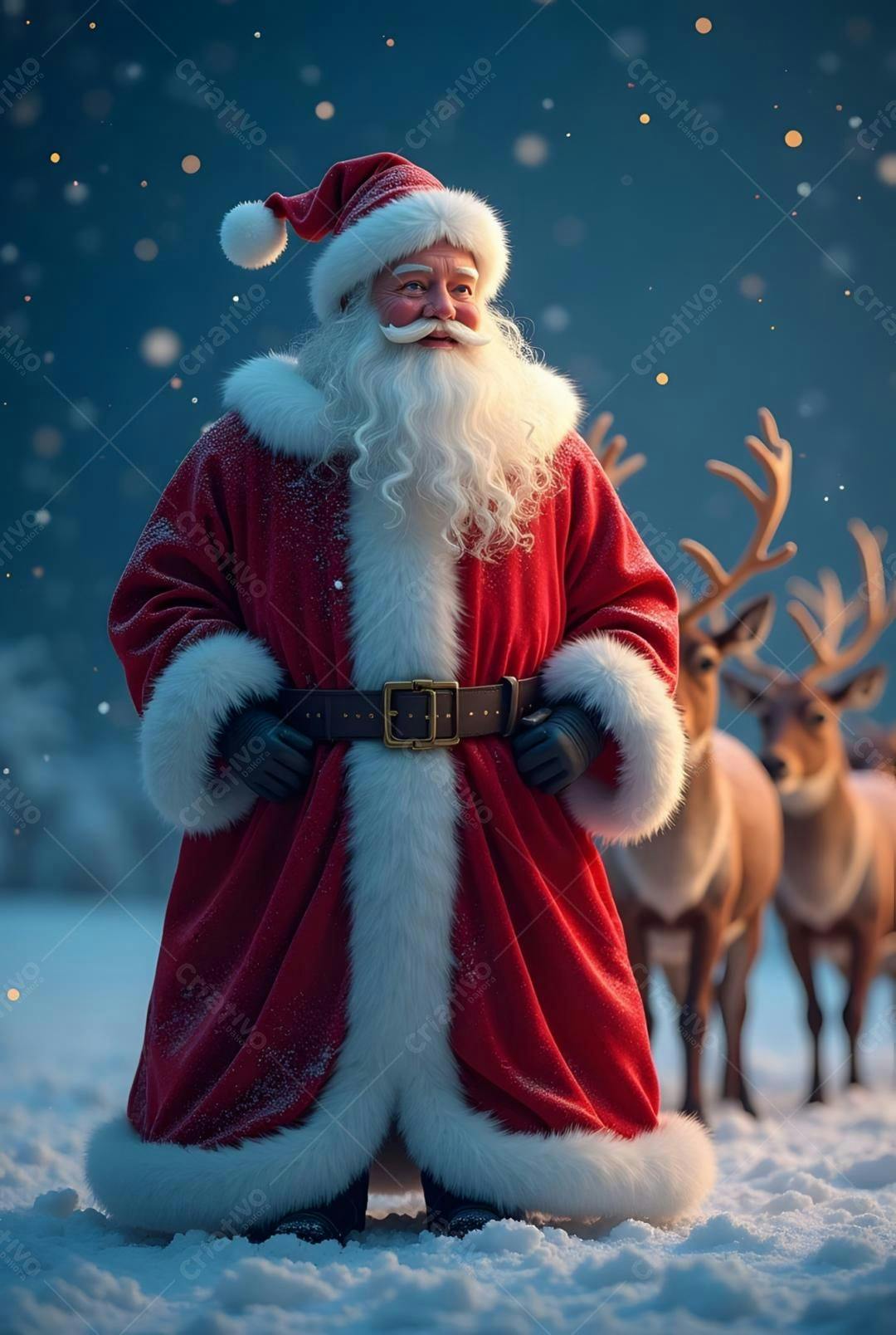 Papai Noel com renas na neve natalina