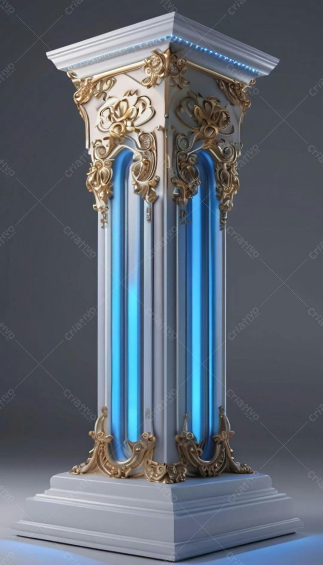 Coluna decorativa branca e dourada com iluminação azul
