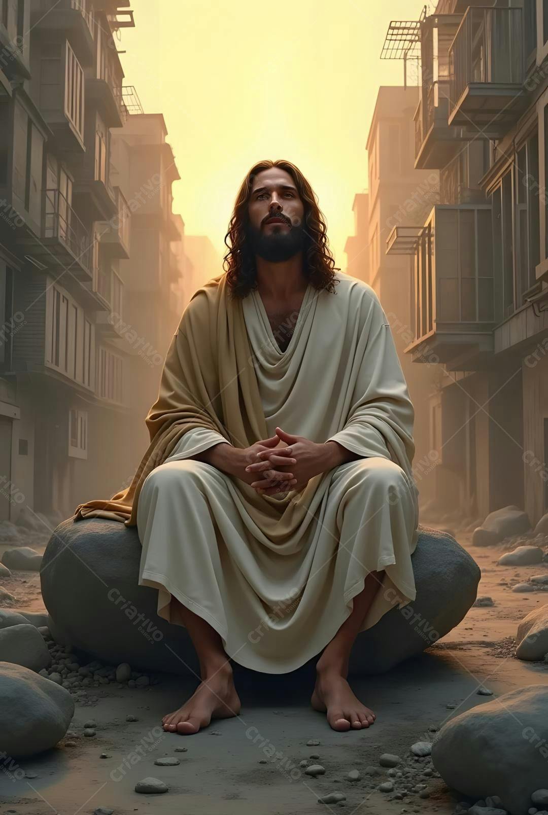 Jesus meditando em cenário urbano ao entardecer