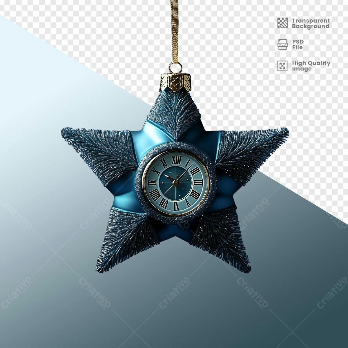 Enfeite de Natal Estrela com Relógio Azul PSD Editável