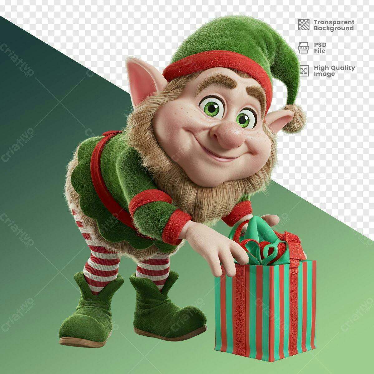 Ilustração Natalina Duende com Presente PSD Editável