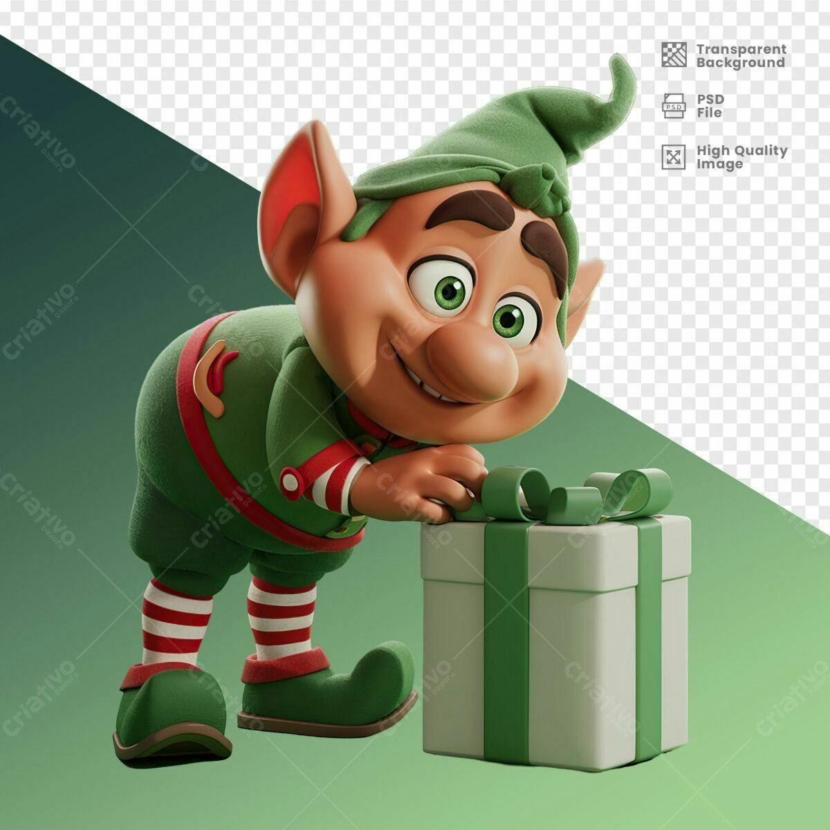 Personagem Natalino Duende com Presente PSD Editável