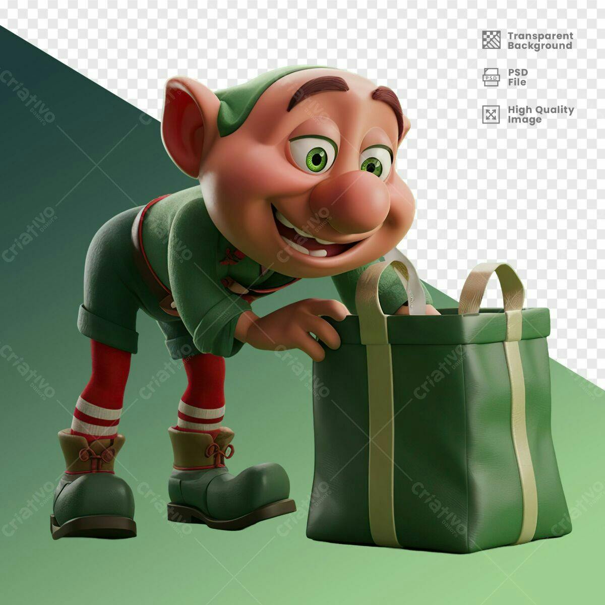 Personagem Natalino Abrir Sacola Verde PSD Editável