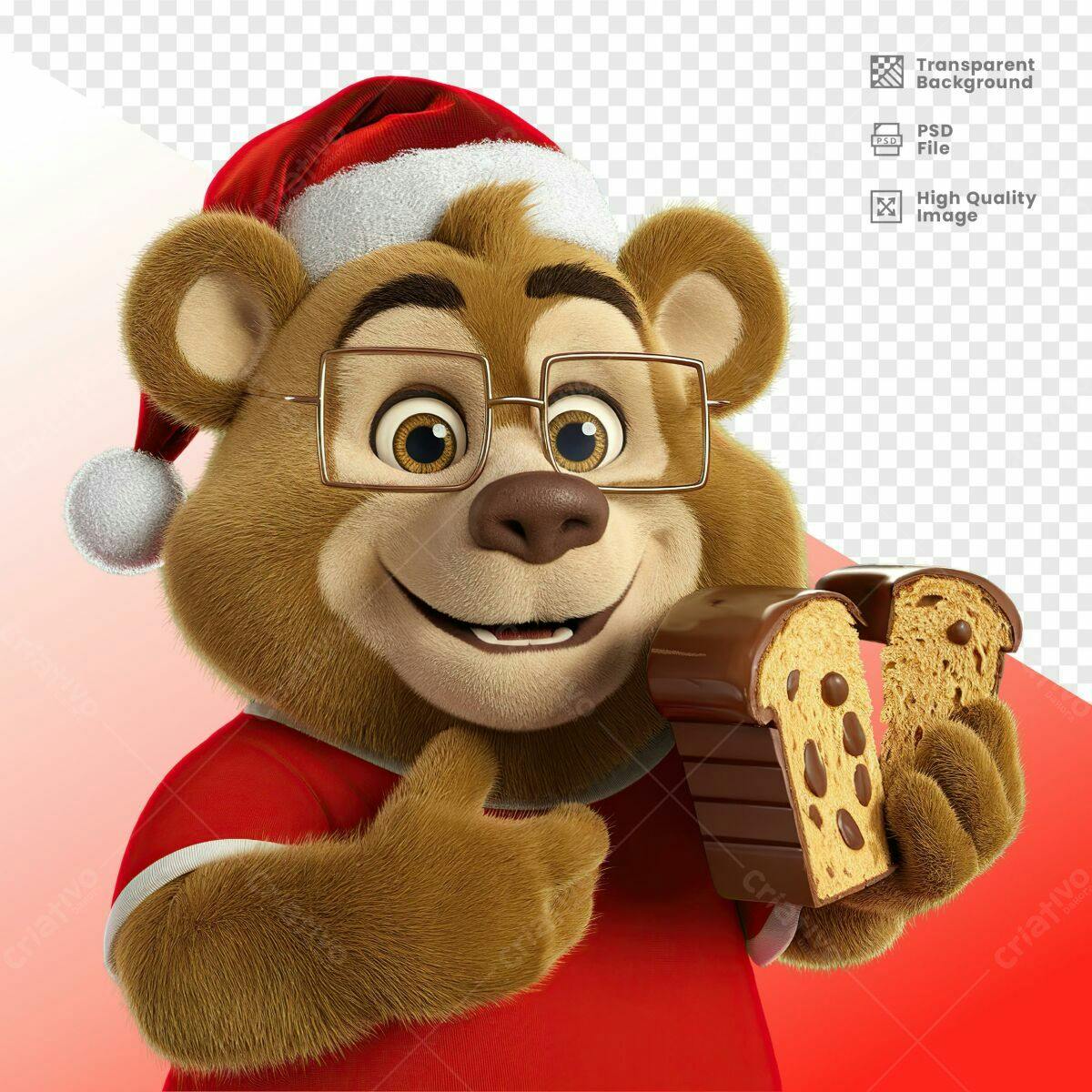 Personagem Ursinho Natalino com Panetone PSD Editável