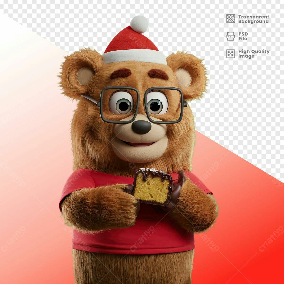 Mascote Urso Natalino com Bolo PSD Editável