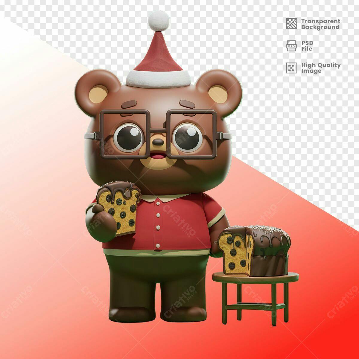 Personagem Ursinho Natalino com Panetone PSD Editável