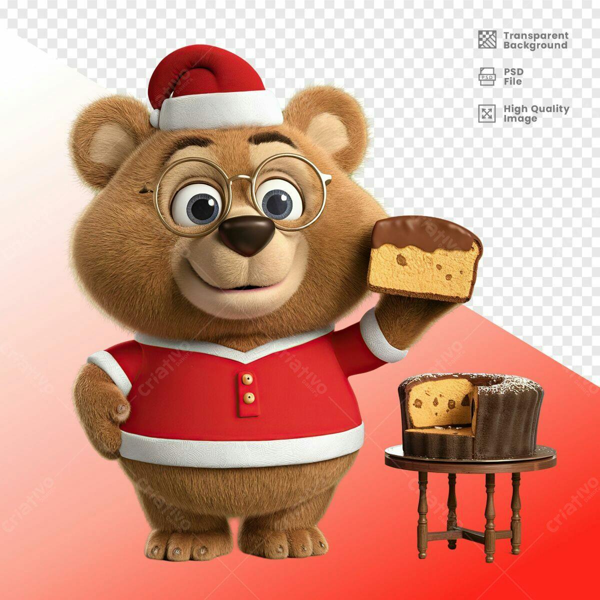 Personagem Ursinho Natalino com Panetone PSD Editável