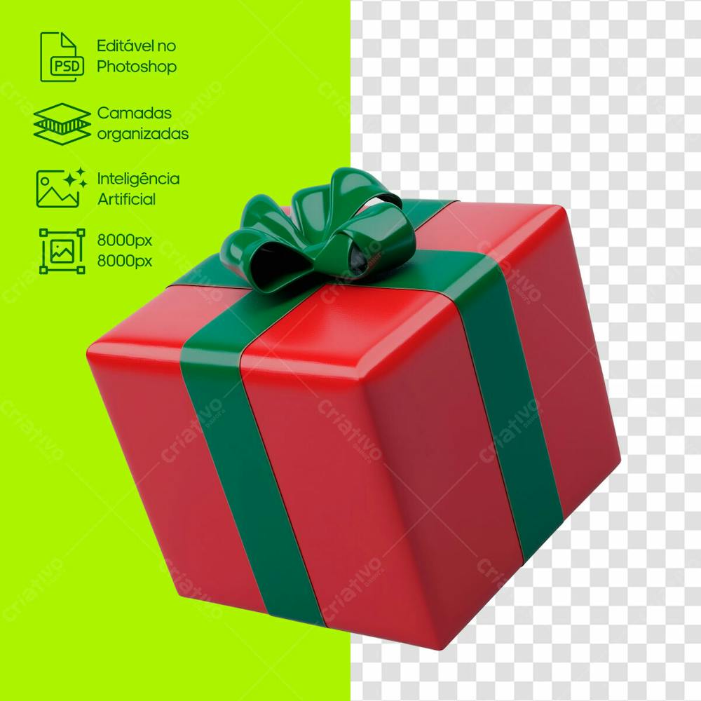 Presente De Natal 3D Caixa Vermelha E Fita Verde