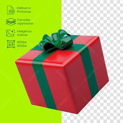 Presente De Natal 3D Caixa Vermelha E Fita Verde