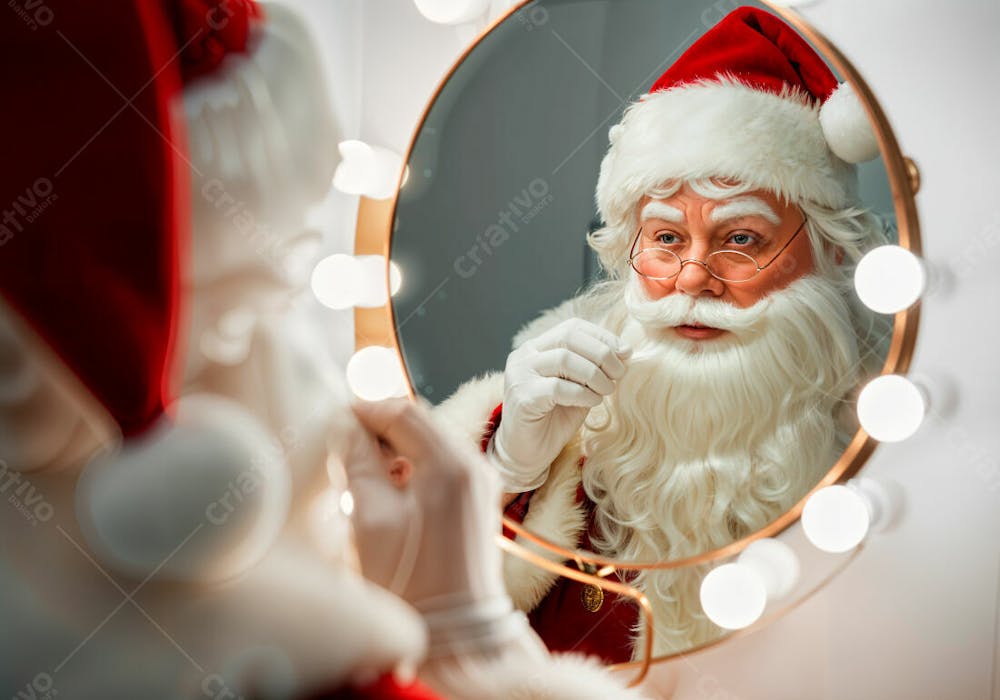 Papai Noel arrumando a barba em frente ao espelho