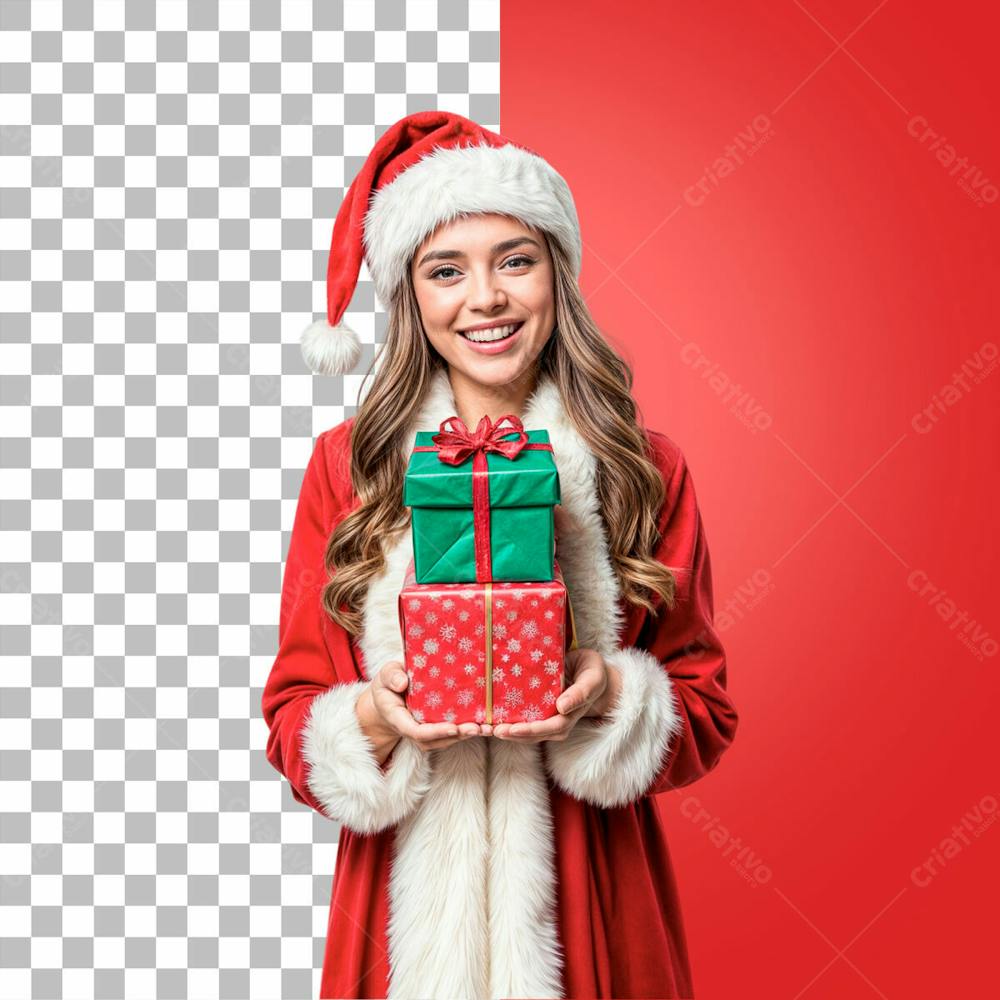 Mulher Branca Sorridente Com Roupa De Natal Segurando Presente Psd Editável