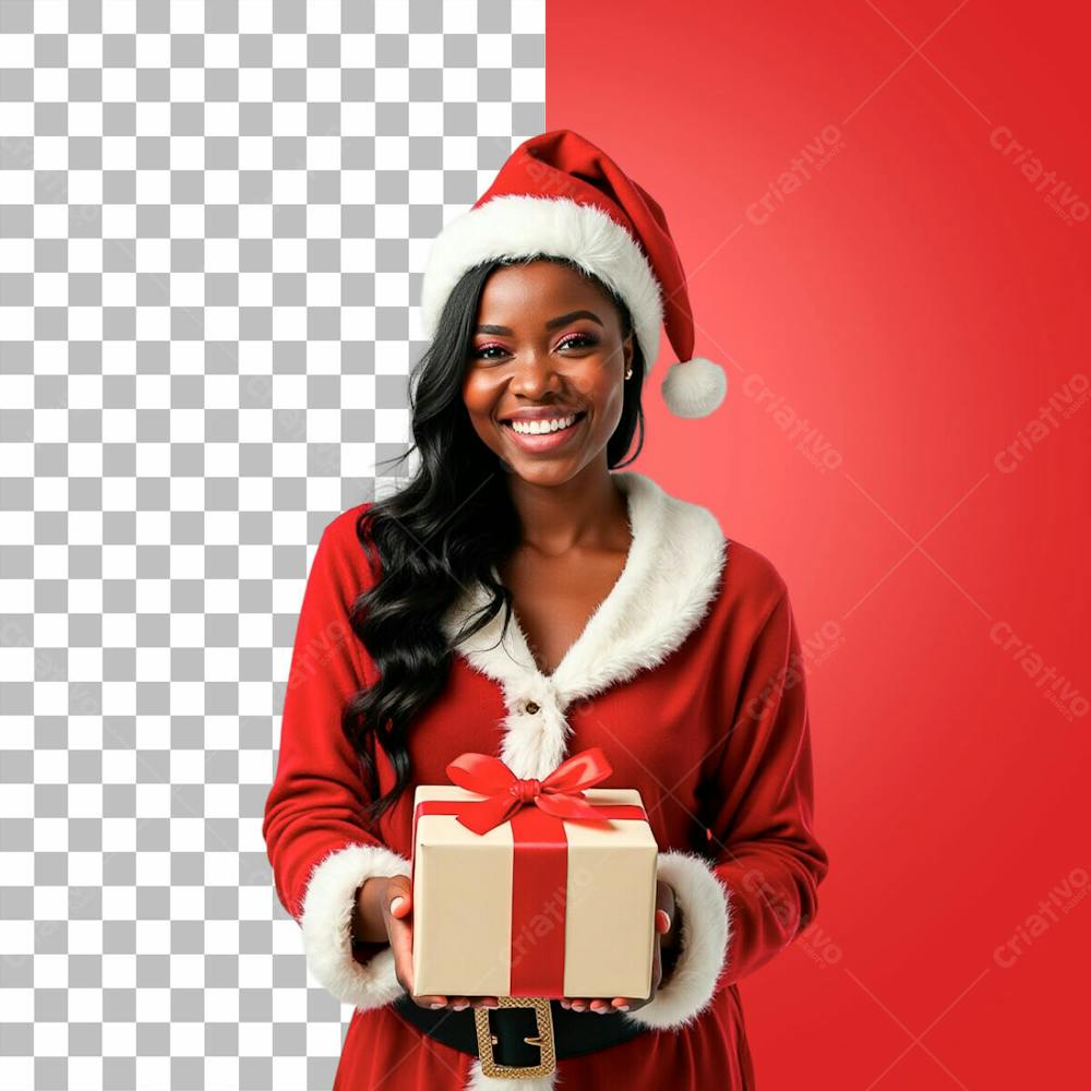 Mulher Sorridente Com Roupa De Natal Segurando Presente Psd Editável