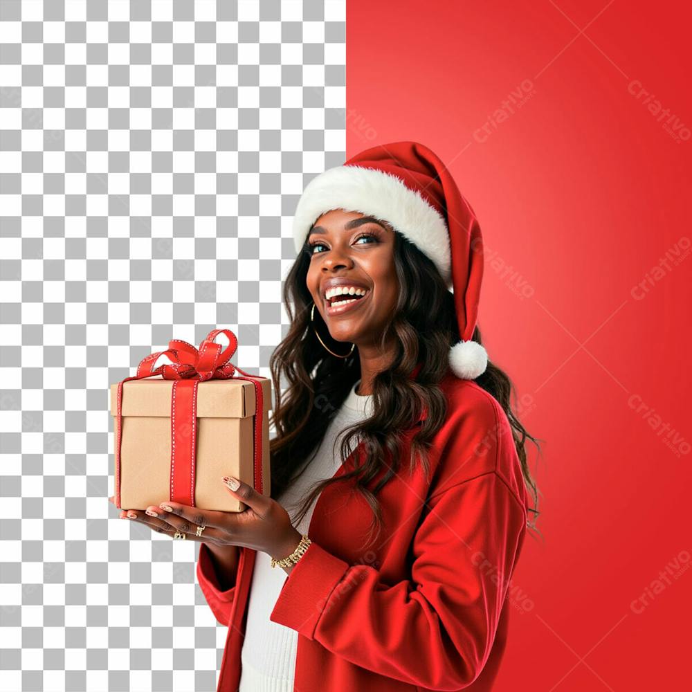 Mulher Negra Sorridente Com Roupa De Natal Segurando Presente Psd Editável