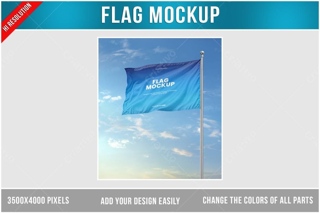 Mockup de Bandeira: Realista, Azul Degradê, Exterior