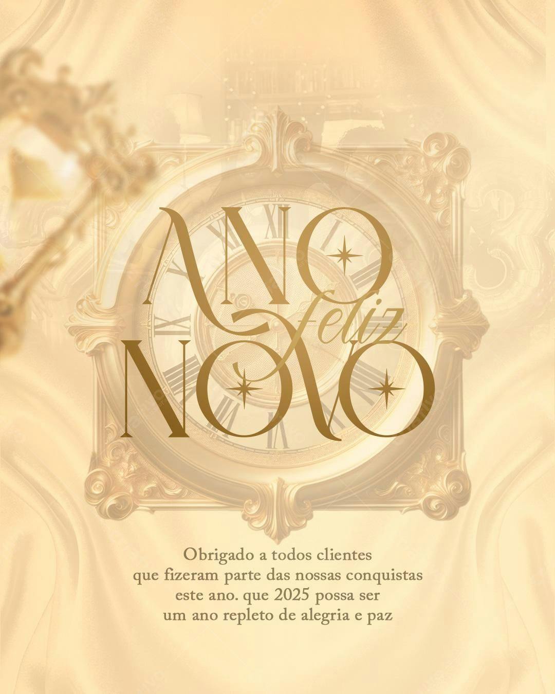 Cartão de Ano Novo com Relógio Dourado PSD Editável