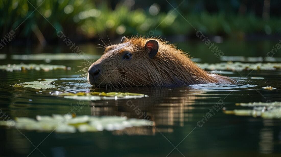 Capivara nadando em lago com lírios