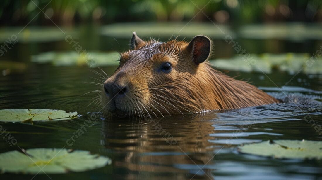 Capivara nadando em lago com nenúfares