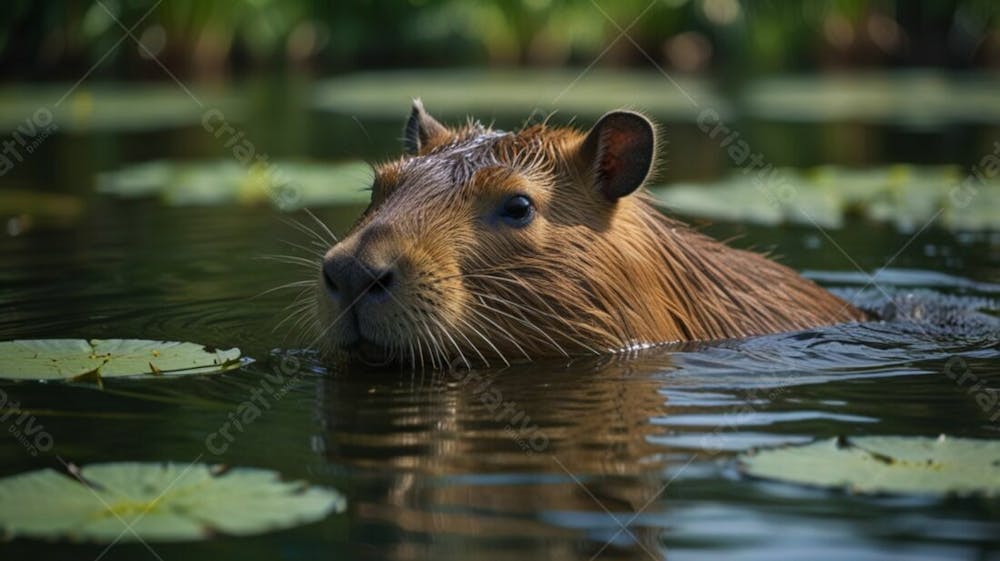 Imagem Vibrante De Uma Capivara Dentro Da Lagoa