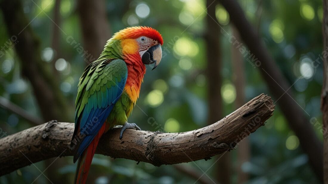 Arara colorida em galho de árvore na floresta